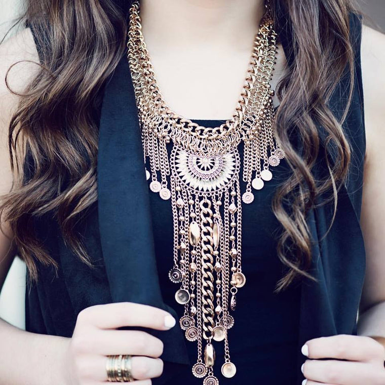 Antiqued Metal Drop Of A Fringe Necklace