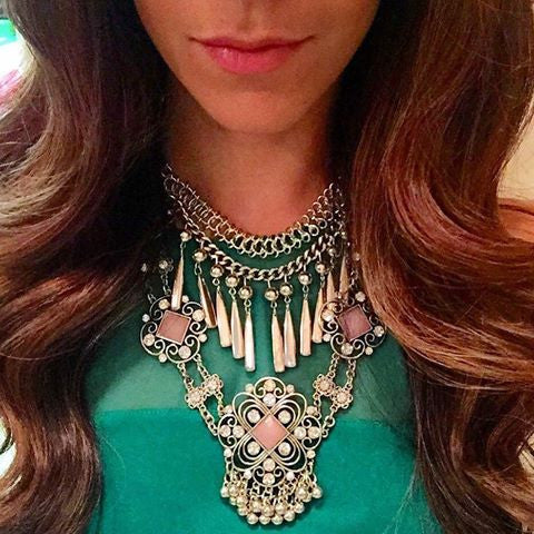 Layered Embellished Metal Droplets Necklace