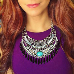 Turquoise Stone Boho Bib Necklace- Silver