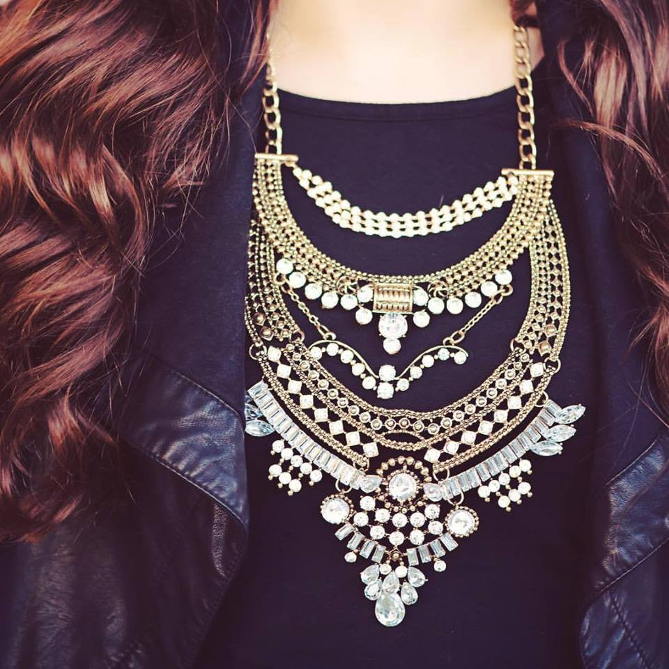Regal Gypsy Crystal Bib Necklace- Gold