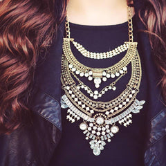 Regal Gypsy Crystal Bib Necklace- Gold