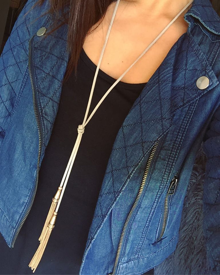 Dreams Wrap Tassel Choker Necklace- Grey