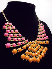 Colored Rhinestone Fan Statement Necklace- Pink & Orange