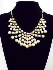 Colored Rhinestone Fan Statement Necklace- Ivory