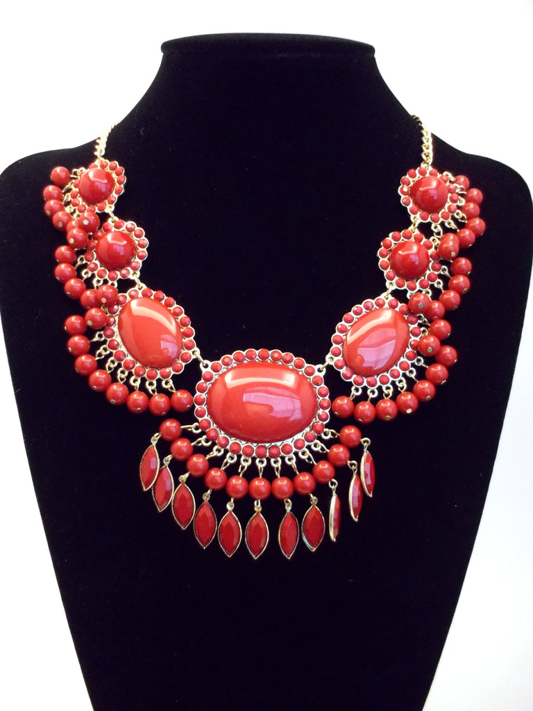 Bauble Fan Fringe Statement Necklace- Red