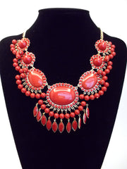 Bauble Fan Fringe Statement Necklace- Red