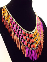 Boho Beaded Fringe Statement Necklace- Pink