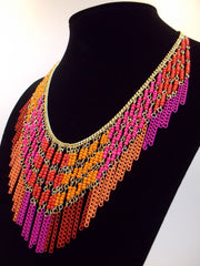 Boho Beaded Fringe Statement Necklace- Pink