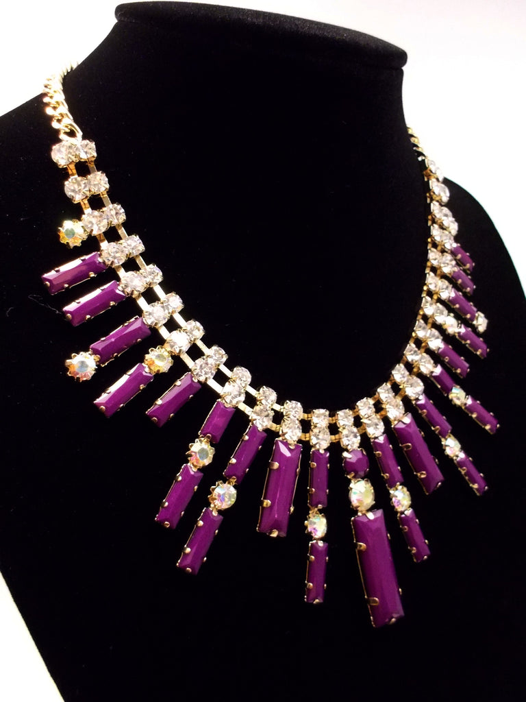Crystal Spike Bib Statement Necklace- Purple