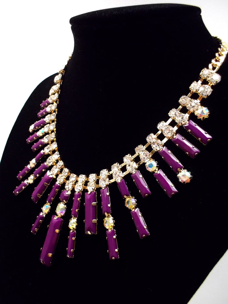 Crystal Spike Bib Statement Necklace- Purple