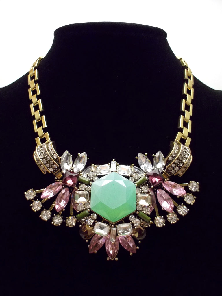 Luxe Crystal Compilation Statement Necklace- Mint & Pink