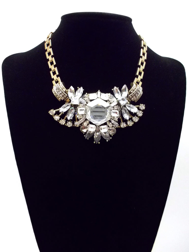 Luxe Crystal Compilation Statement Necklace- Crystal Clear