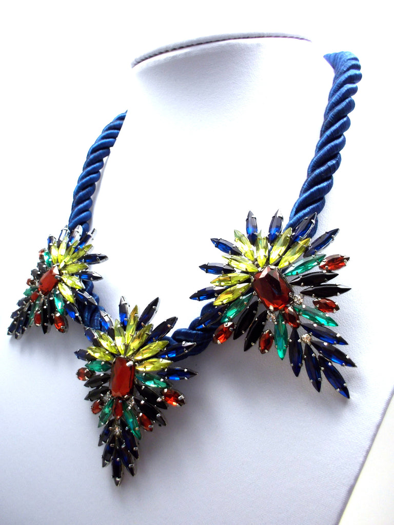 Three Pendant Rope Statement Necklace- Blue