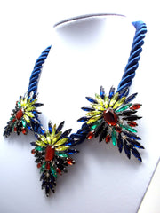 Three Pendant Rope Statement Necklace- Blue