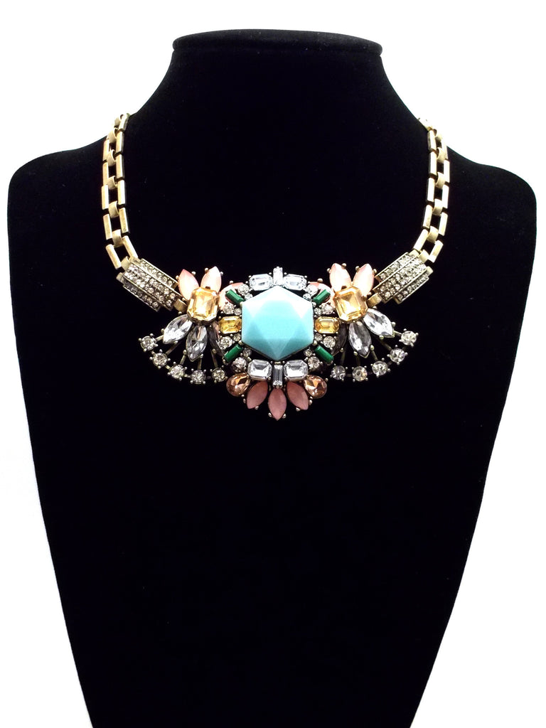 Luxe Crystal Compilation Statement Necklace- Light Blue