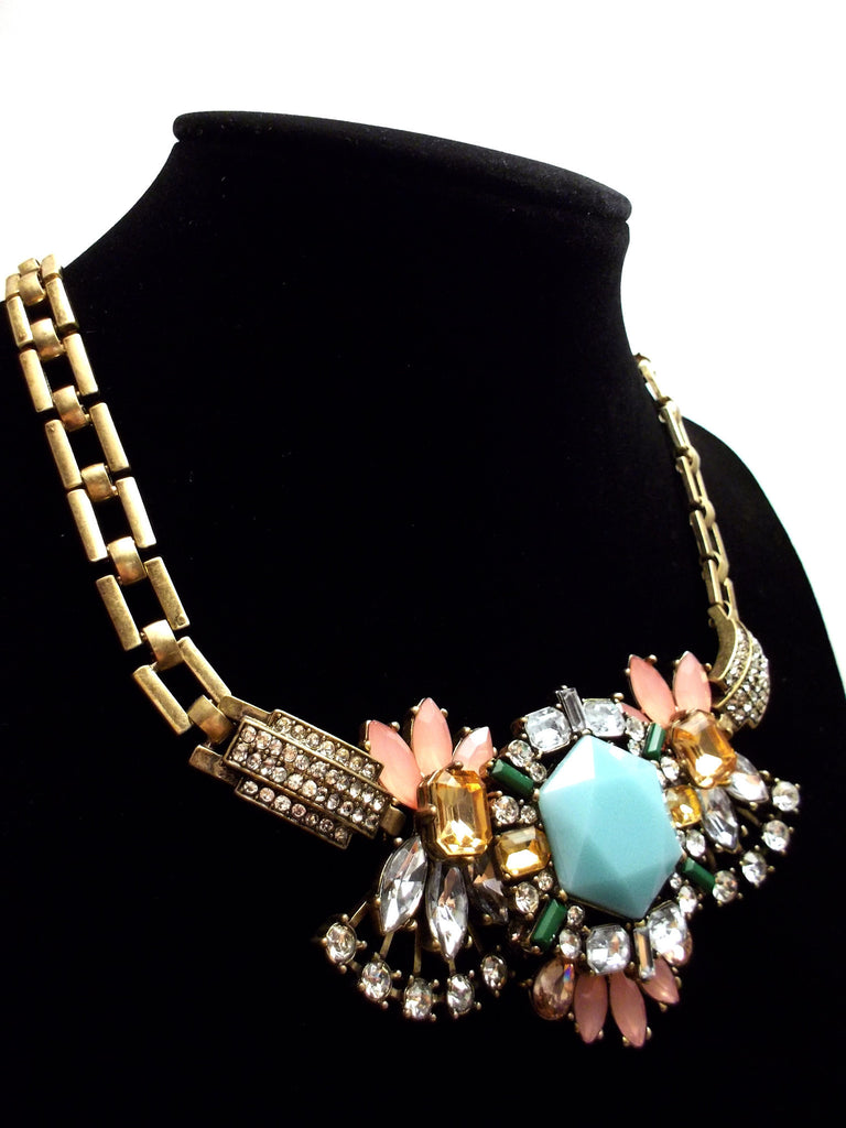 Luxe Crystal Compilation Statement Necklace- Light Blue