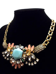Luxe Crystal Compilation Statement Necklace- Light Blue