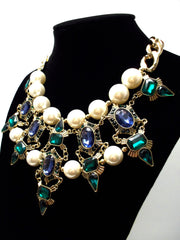Luxe Chunky Pearl & Deco Jeweled Statement Necklace- Emerald & Sapphire