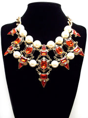 Luxe Chunky Pearl & Deco Jeweled Statement Necklace- Red