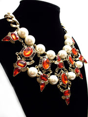 Luxe Chunky Pearl & Deco Jeweled Statement Necklace- Red