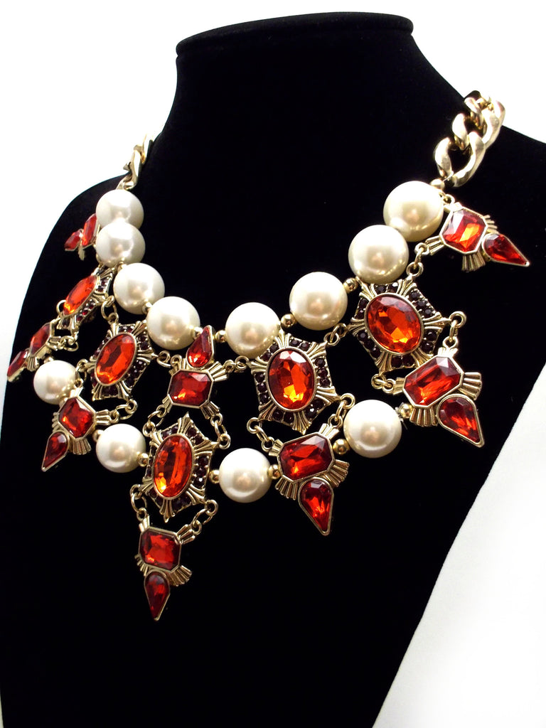 Luxe Chunky Pearl & Deco Jeweled Statement Necklace- Red