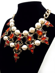 Luxe Chunky Pearl & Deco Jeweled Statement Necklace- Red