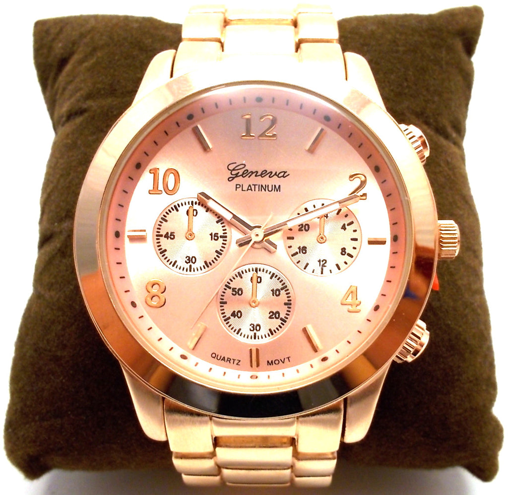 Metal Oversized Geneva Platinum Watch- Rose Gold