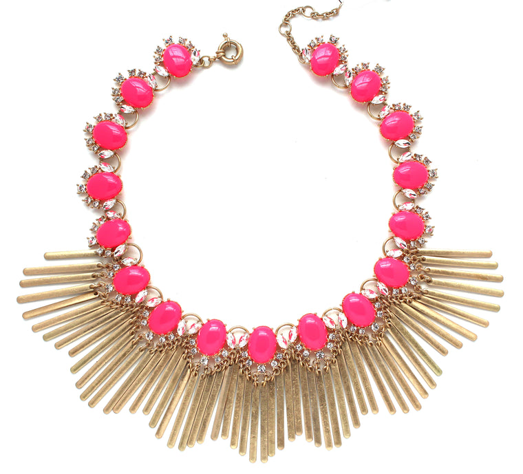 Boho Fringe Envy Statement Necklace- Hot Pink