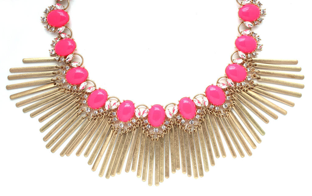 Boho Fringe Envy Statement Necklace- Hot Pink