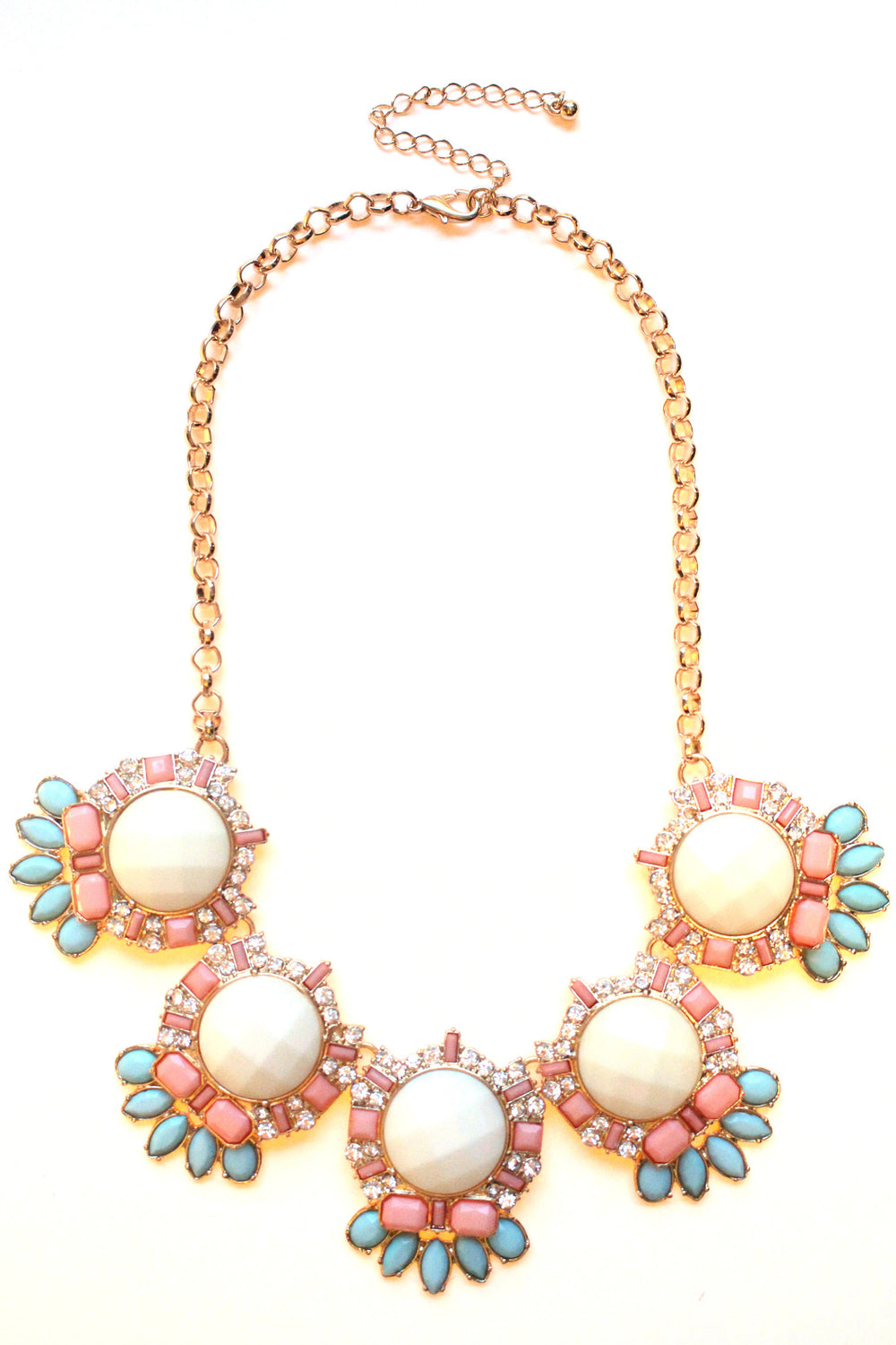 Jeweled Crystal Bloom Necklace- Pastel Mint & Pink