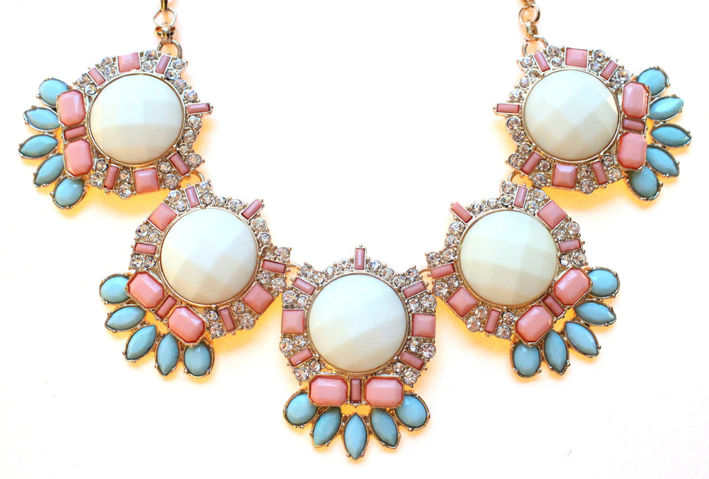 Jeweled Crystal Bloom Necklace- Pastel Mint & Pink