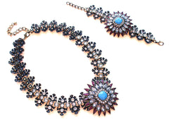 Luxe Crystal Flower Statement Necklace- Purple & Turquoise