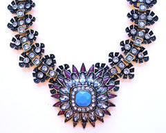 Luxe Crystal Flower Statement Necklace- Purple & Turquoise