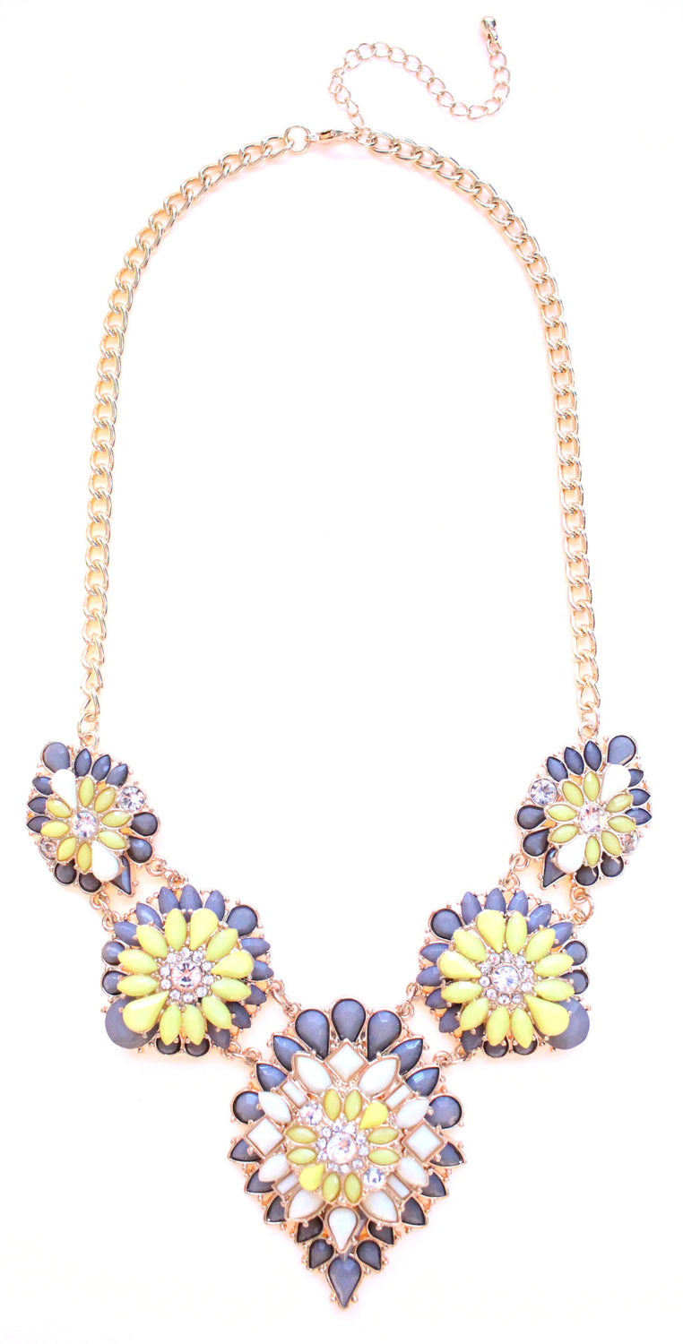 Tri-Color Blossoming Jeweled Necklace- Gray & Yellow