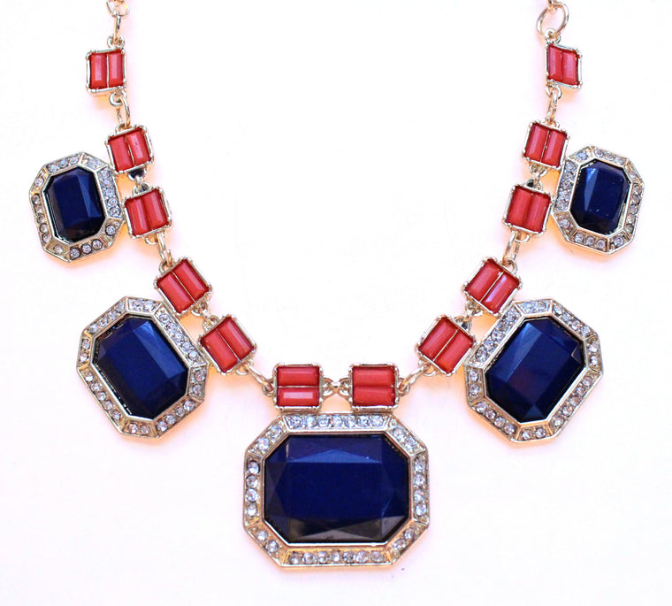 Rectangular Jeweled Nautical Necklace- Navy & Coral