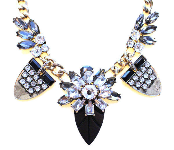 Tribal Glam Statement Necklace- Black & Crystal