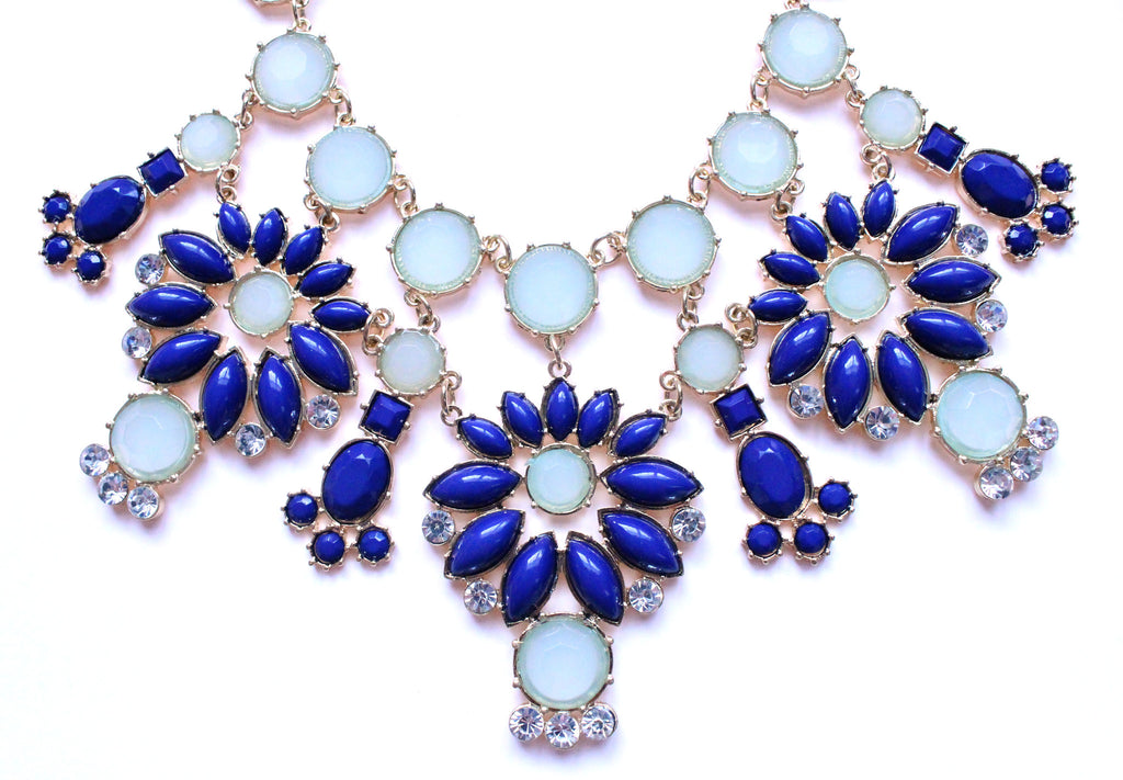 Jeweled Floral Snowflakes Statement Necklace- Blue