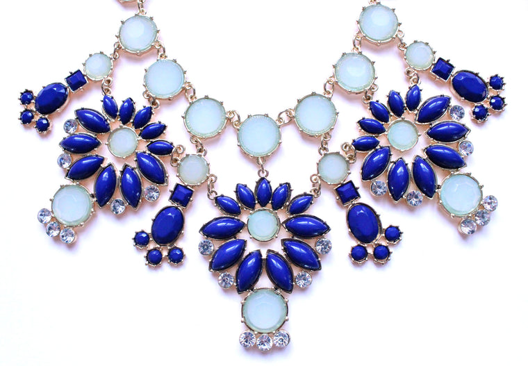 Jeweled Floral Snowflakes Statement Necklace- Blue