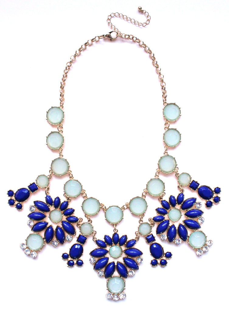 Jeweled Floral Snowflakes Statement Necklace- Blue