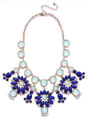 Jeweled Floral Snowflakes Statement Necklace- Blue