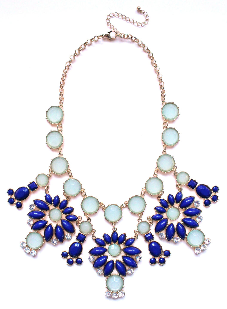 Jeweled Floral Snowflakes Statement Necklace- Blue