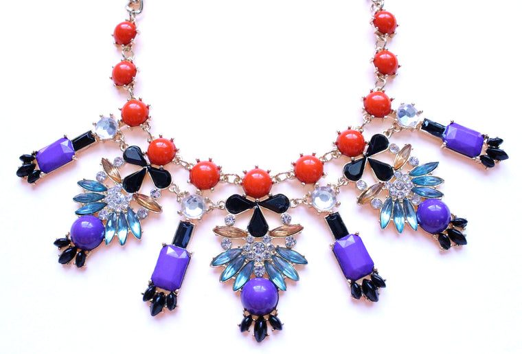 Crystal Icicle Statement Necklace- Purple & Orange