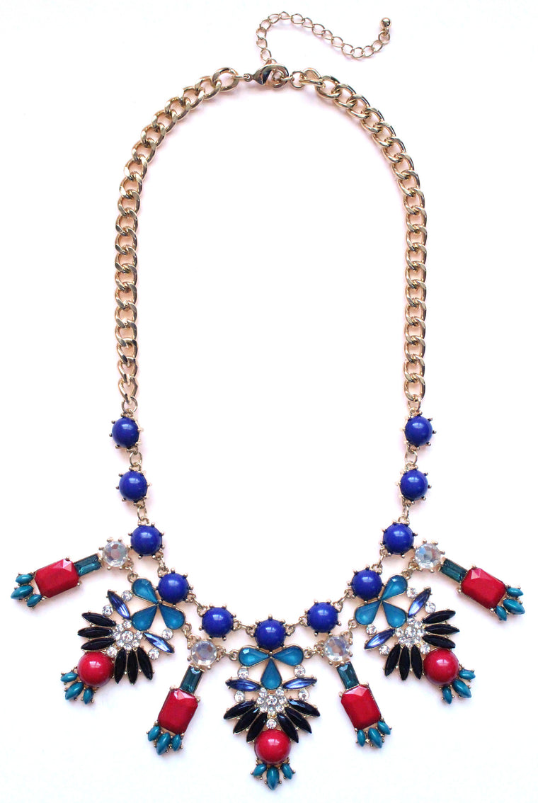 Crystal Icicle Statement Necklace- Navy & Red