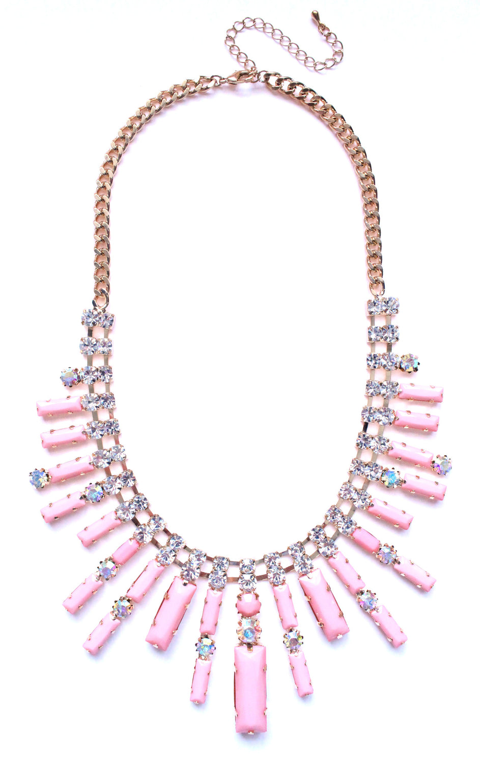 Crystal Spike Bib Statement Necklace- Light Pink