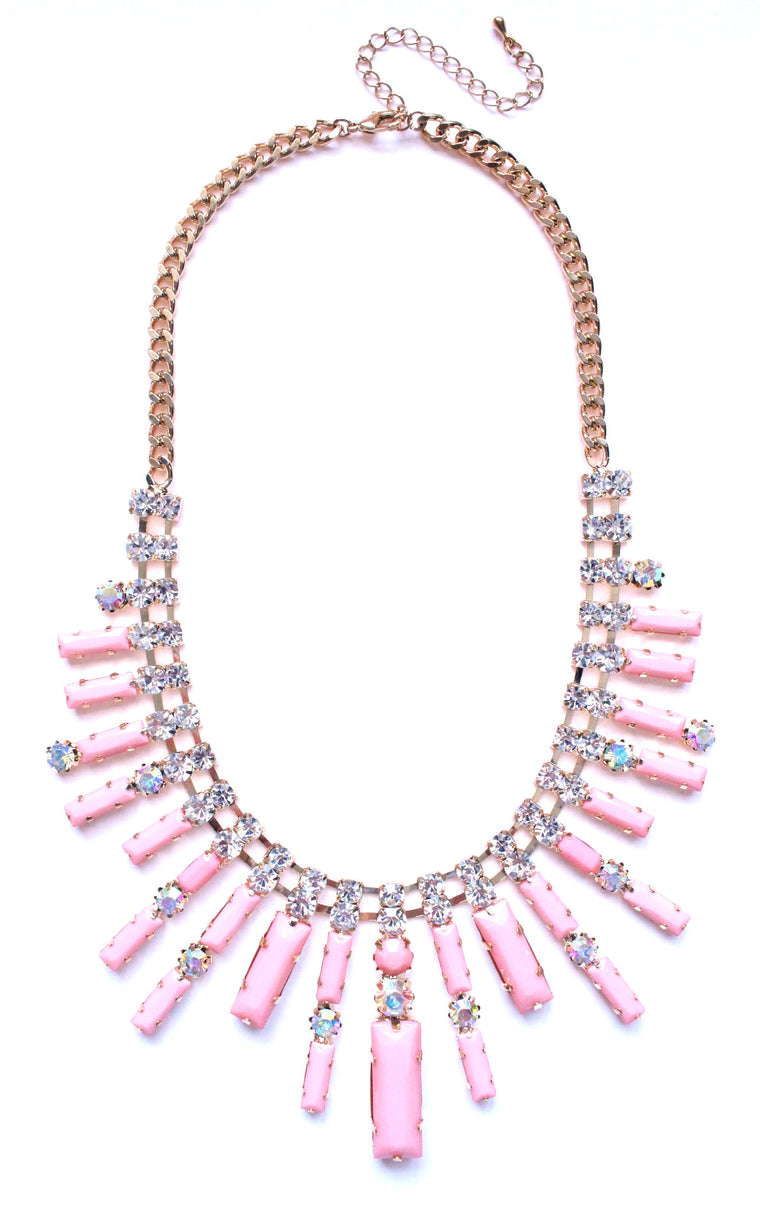 Crystal Spike Bib Statement Necklace- Light Pink