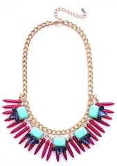 Tribal Spike Jeweled Necklace- Magenta & Mint