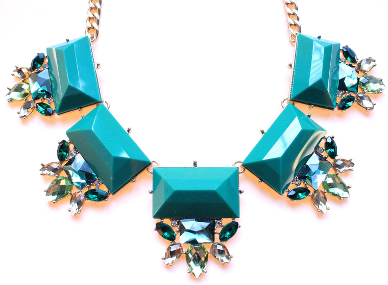 Colorful Jeweled Gemstone Statement Necklace- Green