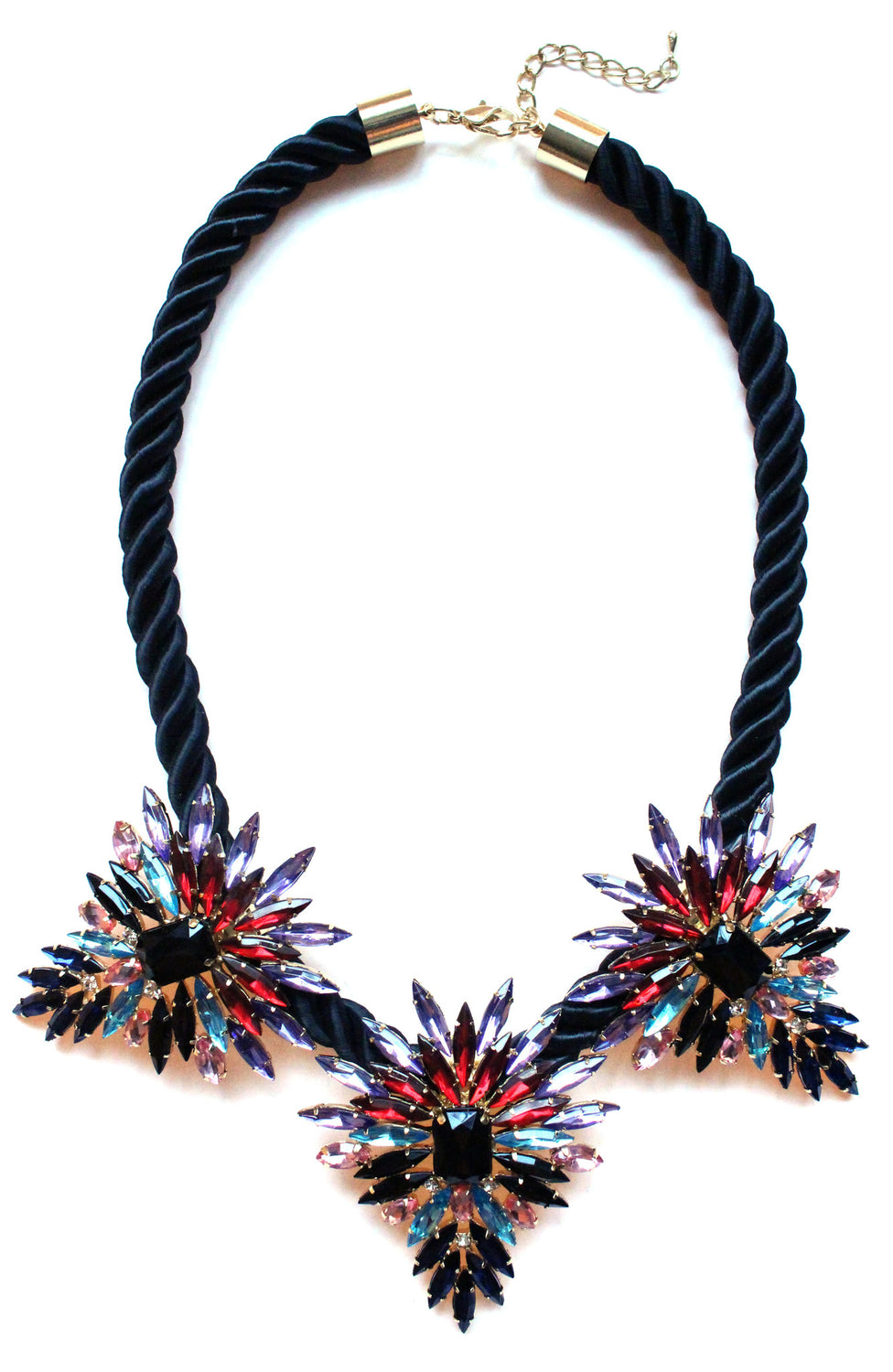 Three Pendant Rope Statement Necklace- Black
