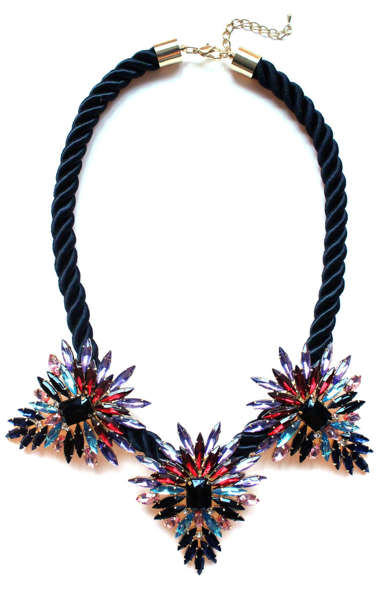 Three Pendant Rope Statement Necklace- Black