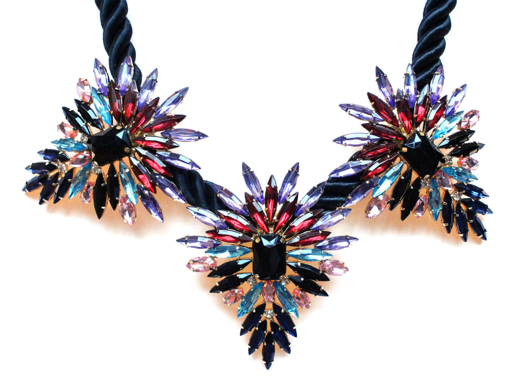 Three Pendant Rope Statement Necklace- Black